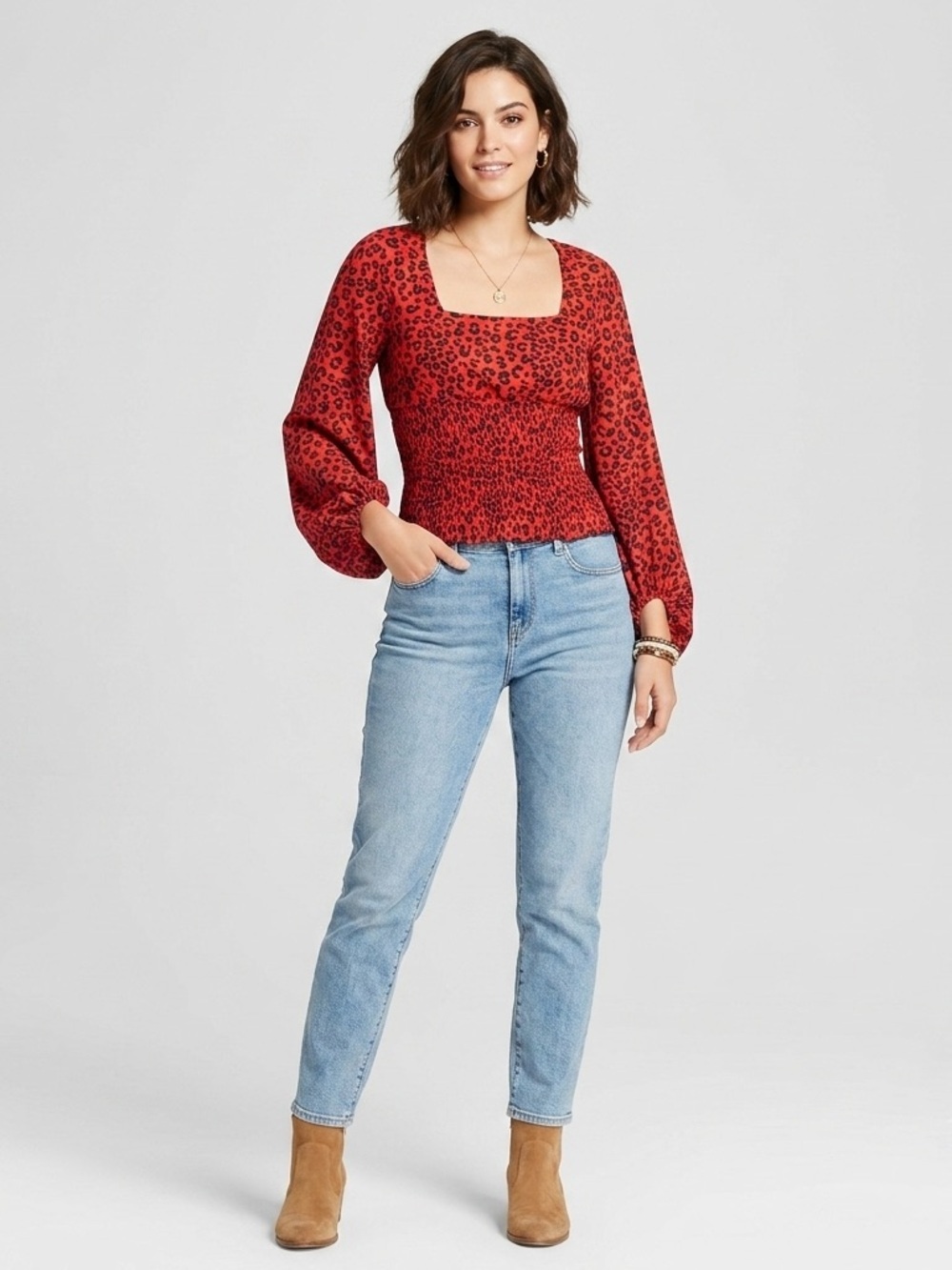 Charlie Holiday Penelope Smocked Leopard-Print Top XS / 2 Red Balloon Sleeve